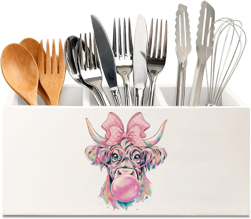 KBRCT Coquette Highland Cow Western Wooden Utensils Holder, Farmhouse Trendy Pastel Bubblegum Cow Country Wood Cooking Utensil Holder Organizer for Kitchen Countertop Counter Decor Accessories - Image 1